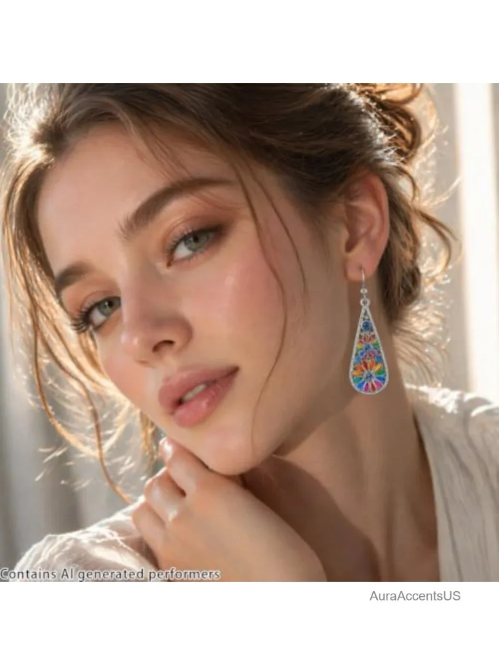 Bohemian Crystal Teardrop Pendant Dangle Earrings, Enamel Flower Hook Earrings,